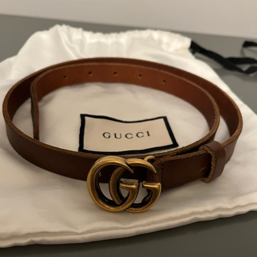 Authentic Gucci GG Marmont Skinny Belt 75 cm Brown Gold Logo – With Dust Bag